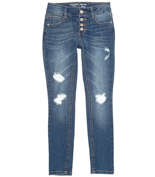Hippie Girl Denim Quadruple Snap Button Destructed Skinny Jeans